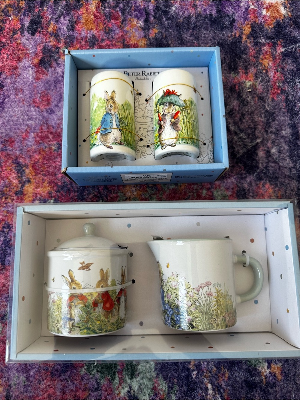 Peter Rabbit Beatrix Potter Ceramic Sugar Creamer Salt Pepper Set NIB